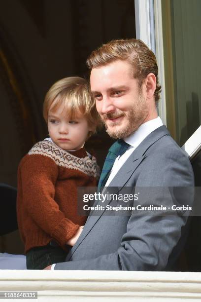 Pierre Casiraghi and Stefano Casiraghi pose at the Palace balcony during the Monaco National Day Celebrations on November 19, 2019 in Monte-Carlo,...