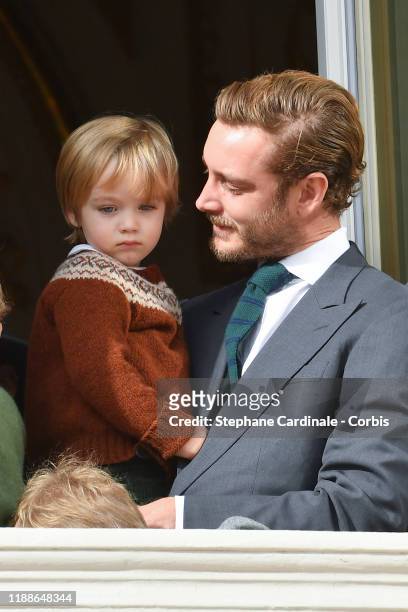 Pierre Casiraghi and Stefano Casiraghi pose at the Palace balcony during the Monaco National Day Celebrations on November 19, 2019 in Monte-Carlo,...