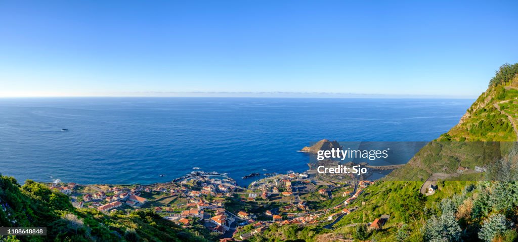 Panoramic view over Porto Moniz village on the Northern coastline of Madeira island