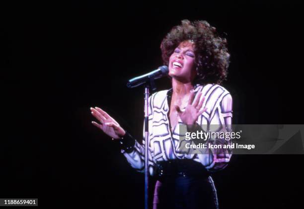 American singer and actress, Whitney Houston, performs at the Pine Knob Music Theater during her "Moment of Truth" world tour, on July 31 in...