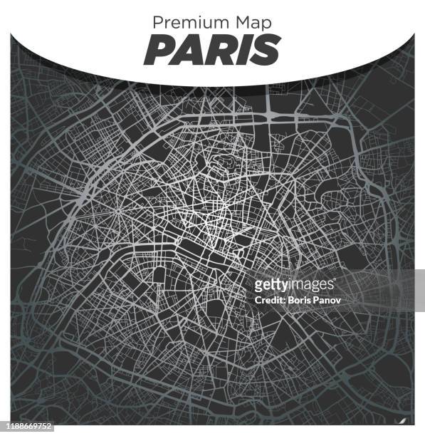 illustrazioni stock, clip art, cartoni animati e icone di tendenza di elegante mappa d'argento del centro di parigi su sfondo grigio scuro - cartographer