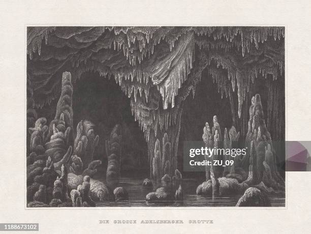 höhle von postojna, slowenien, stahlgravur, erschienen 1857 - postojna cave stock-grafiken, -clipart, -cartoons und -symbole