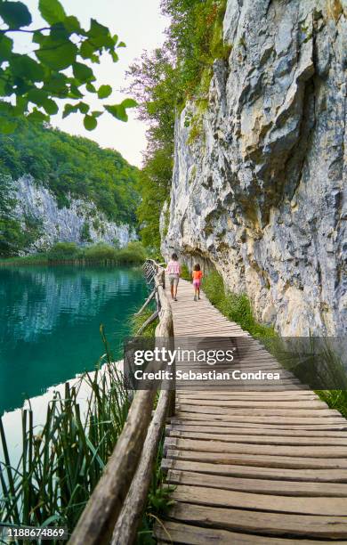 hikers girls walking in a forest path in plitvice lakes national park, croatia country discovery travel found - plitvice stock-fotos und bilder