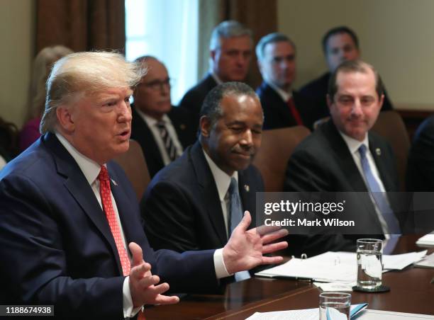 President Donald Trump speaks to the media during a cabinet meeting at the White House on November 19, 2019 in Washington, DC. President Trump...