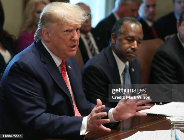 President Donald Trump speaks to the media during a cabinet meeting at the White House on November 19, 2019 in Washington, DC. President Trump...