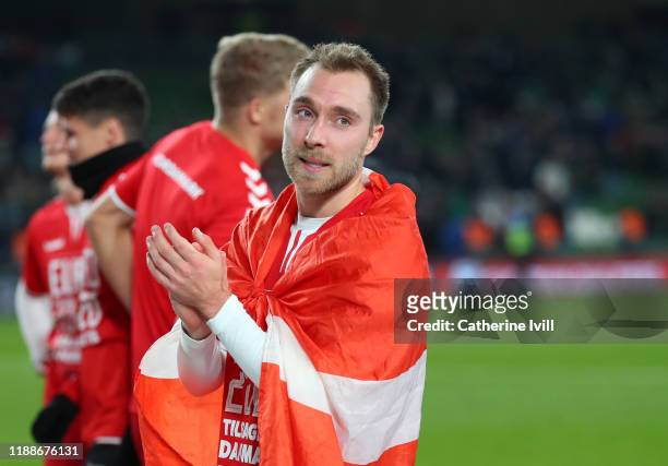 Christian Eriksen of Denmark applauds after the UEFA Euro 2020 qualifier between Republic of Ireland and Denmark so at Dublin Arena on November 18,...