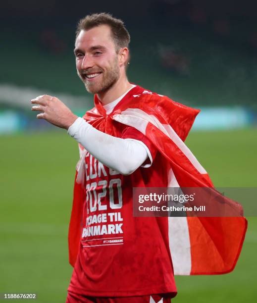 Christian Eriksen of Denmark celebrates qualification after the UEFA Euro 2020 qualifier between Republic of Ireland and Denmark so at Dublin Arena...