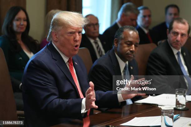 President Donald Trump speaks to the media during a cabinet meeting at the White House on November 19, 2019 in Washington, DC. President Trump...