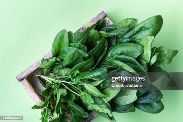fresh organic spinach in wooden crate on green background - spinach stock pictures, royalty-free photos & images