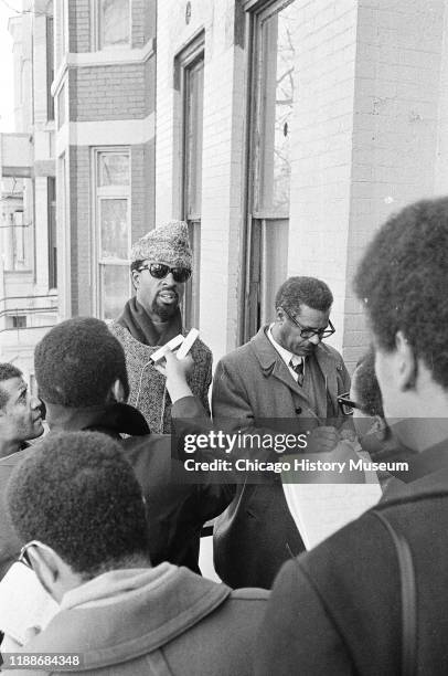 Black Panther deputy minister of information Rufus 'Chaka' Walls speaks during a press conference outside Illinois Black Panther Party chapter...