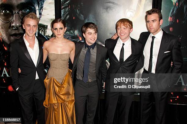Tom Felton, Emma Watson, Daniel Radcliffe, Rupert Grint, and Matthew Lewis attend the premiere of "Harry Potter and the Deathly Hallows: Part 2" at...
