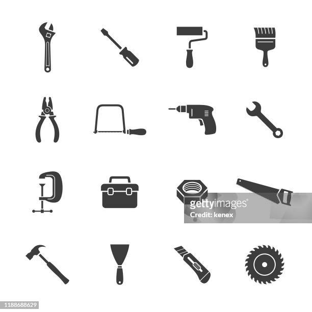 ilustrações, clipart, desenhos animados e ícones de conjunto de ícones de ferramentas de construção - serra circular
