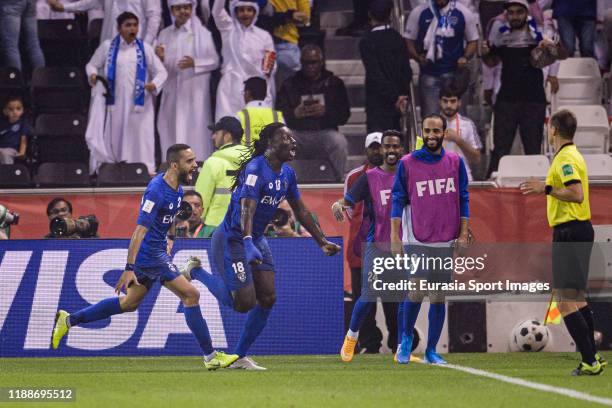 Bafetimbi Gomis of Al Hilal celebrates after scoring his goal during the FIFA Club World Cup 2nd round match between Al Hilal and Esperance Sportive...