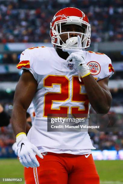 Running back LeSean McCoy of the Kansas City Chiefs celebrates a touchdown in the first quarter against Los Angeles Chargers at Estadio Azteca on...