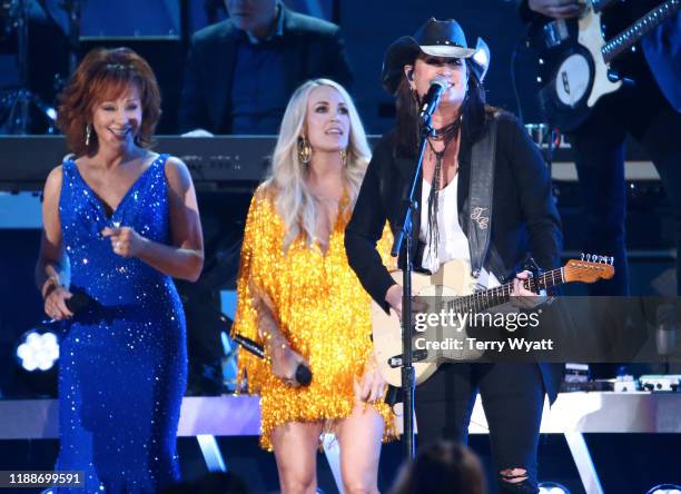Reba McEntire, Carrie Underwood, and Terri Clark perform performs onstage during the 53rd annual CMA Awards at the Bridgestone Arena on November 13,...
