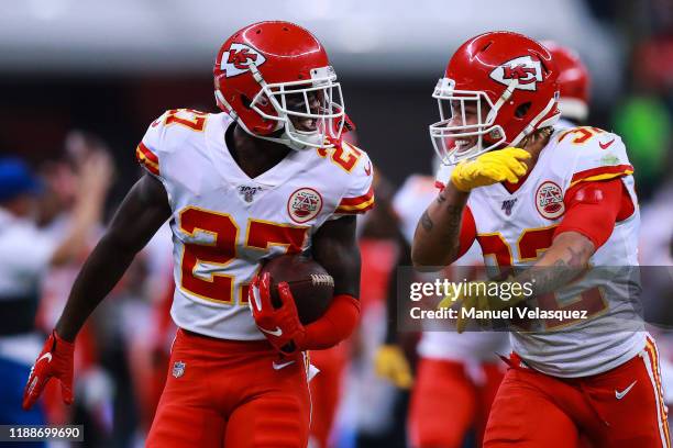 Defensive back Rashad Fenton of the Kansas City Chiefs and teammate Tyrann Mathieu of the Kansas City Chiefs celebrates Fenton's interception in the...