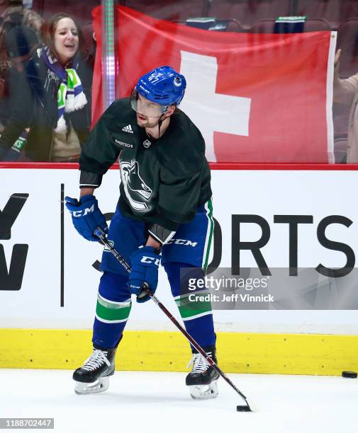 Sven Baertschi of the Vancouver Canucks warms up during their NHL game against the Dallas Stars at Rogers Arena November 14, 2019 in Vancouver,...