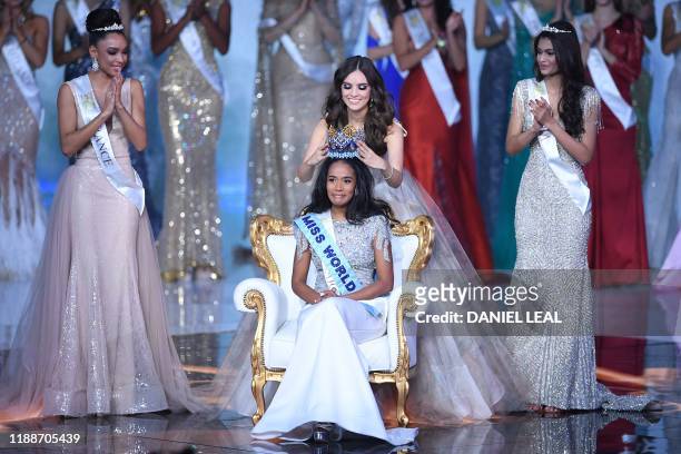 Miss World 2018, Mexico's Vanessa Ponce de Leon crowns Miss World 2019 Miss Jamaica Toni-Ann Singh during the the Miss World Final 2019 at the Excel...