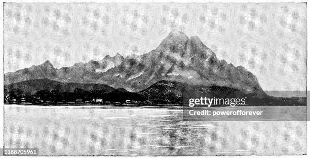 the town of svolvaer in lofoten, norway - 19th century - fishing village stock illustrations