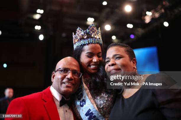 Miss Jamaica 2019, Toni-Ann , embraces her parents Bradshaw Singh and Jahrine Bailey after she is announced Miss World 2019, during the 69th Miss...