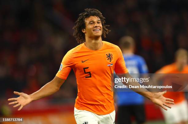 Nathan Ake of The Netherlands celebrates after scoring his team's second goal during the UEFA Euro 2020 Qualifier between The Netherlands and Estonia...