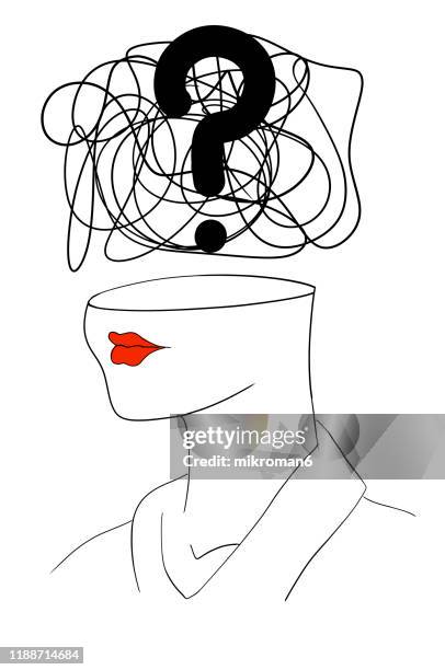 confusion and question mark inside a woman head, concept - sad face drawing - fotografias e filmes do acervo
