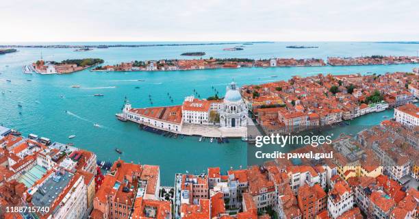 punta della dogana with basilica di santa maria della salute aerial view venice italy - canale della giudecca stock pictures, royalty-free photos & images