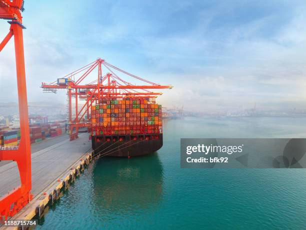 aerial view cargo ship at commercial port. - russia business stock pictures, royalty-free photos & images