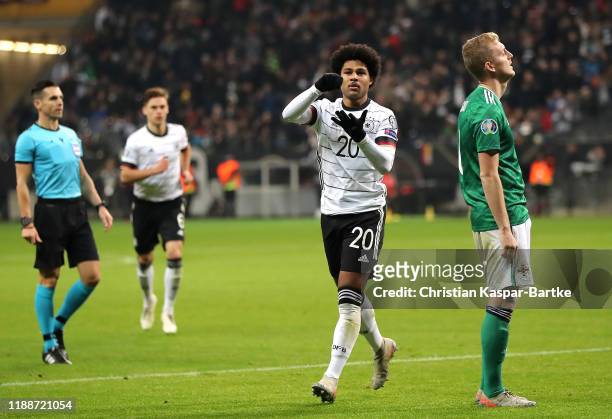 Serge Gnabry of Germany celebrates after scoring his team's third goal during the UEFA Euro 2020 Qualifier between Germany and Northern Ireland at...