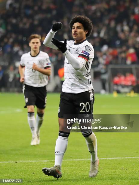 Serge Gnabry of Germany celebrates after scoring his team's third goal during the UEFA Euro 2020 Qualifier between Germany and Northern Ireland at...