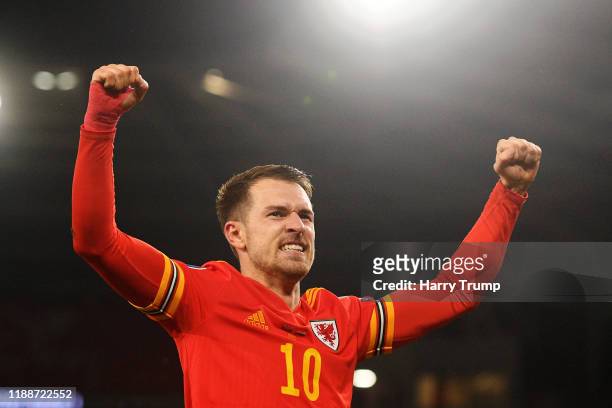 Aaron Ramsey of Wales celebrates after he scores his sides second goal during the UEFA Euro 2020 qualifier between Wales and Hungary so at Cardiff...