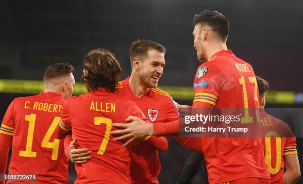 Aaron Ramsey of Wales celebrates with his team after he scores his sides second goal during the UEFA Euro 2020 qualifier between Wales and Hungary so...