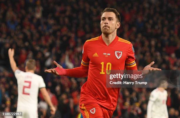 Aaron Ramsey of Wales celebrates after he scores his sides second goal during the UEFA Euro 2020 qualifier between Wales and Hungary so at Cardiff...