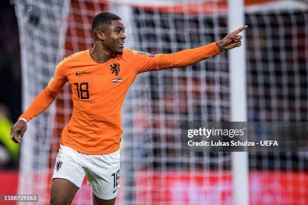 Scorer Myron Boadu of Netherlands celebrates his team's fifth goal during the UEFA Euro 2020 Qualifier between The Netherlands and Estonia on...