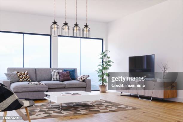 modern, bright and airy scandinavian design living room - living room stock pictures, royalty-free photos & images