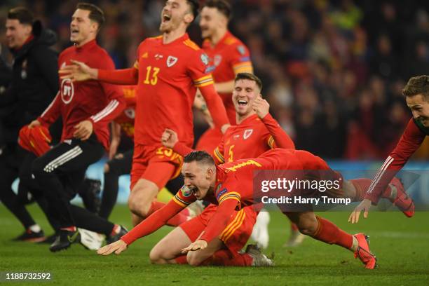 Chris Mepham of Wales and Connor Roberts of Wales celebrate with their team mates after the UEFA Euro 2020 qualifier between Wales and Hungary so at...