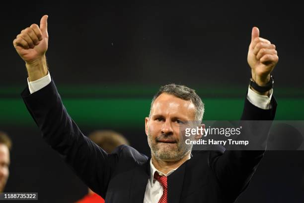 Ryan Giggs, Head Coach of Wales shows his appreciation to the fans after the UEFA Euro 2020 qualifier between Wales and Hungary so at Cardiff City...