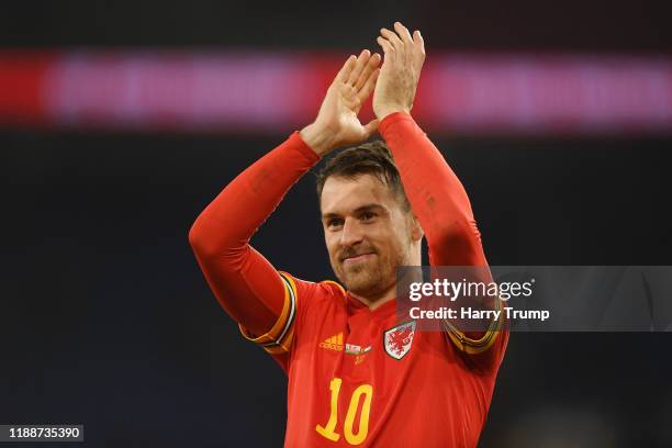 Aaron Ramsey of Wales celebrates after the final whistle during the UEFA Euro 2020 qualifier between Wales and Hungary so at Cardiff City Stadium on...