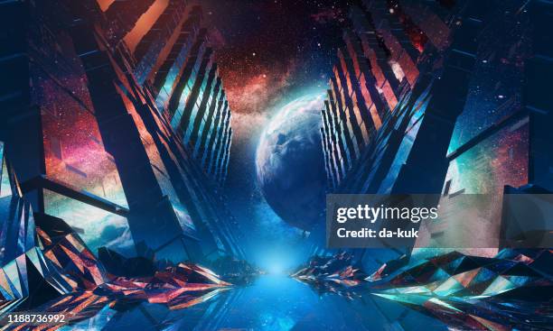 futuristische space tunnel 80er jahre stil. 3d-rendern - fantasy stock-fotos und bilder