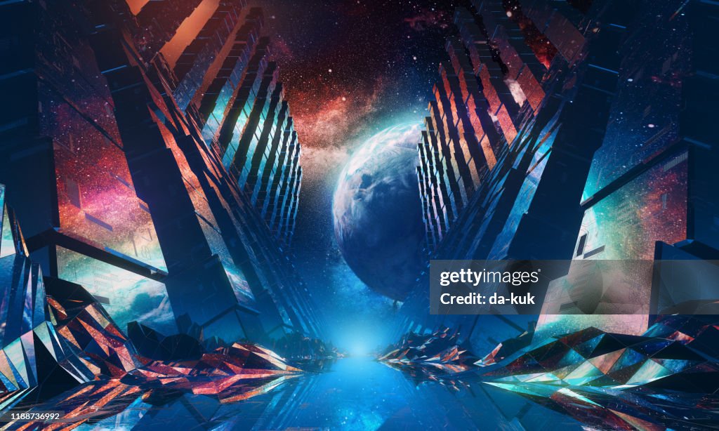 Futuristic Space Tunnel 80s style. 3D Render