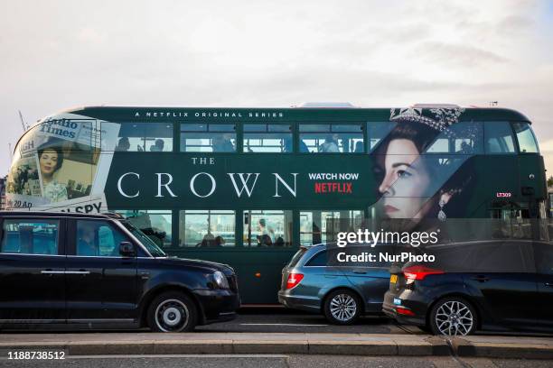 Double-decker bus advertises a new season of Netflix 'The Crown' series in London, United Kingdom on 11 December, 2019.