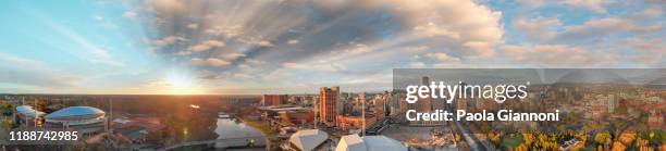 beautiful aerial panoramic view of adelaide at dusk, south australia - adelaide aerial stock pictures, royalty-free photos & images