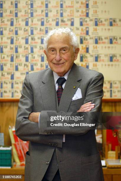 Portrait of American inventor, scientist, and engineer Stanford Robert Ovshinsky as he poses with his arms folded, Bloomfield Hills, Michigan,...