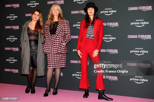 Costanza Cicero, Joanne Bergamin and Camilla Alibrandi attend the premiere of the movie "Chiara Ferragni - Unposted" on November 19, 2019 in Rome,...