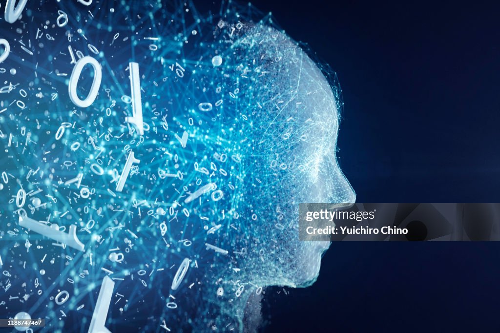 Binary code transforming AI robot face