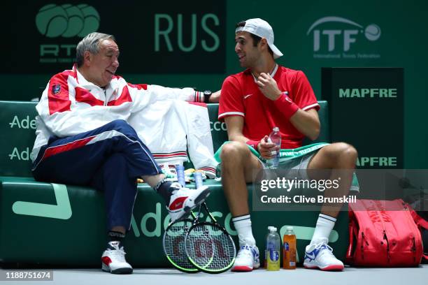 Shamil Tarpischev, Captain of Russia talks to Karen Khachanov during the match against Rafael Nadal of Spain during Day 2 of the 2019 Davis Cup at La...