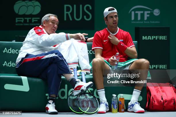 Shamil Tarpischev, Captain of Russia talks to Karen Khachanov during the match against Rafael Nadal of Spain during Day 2 of the 2019 Davis Cup at La...