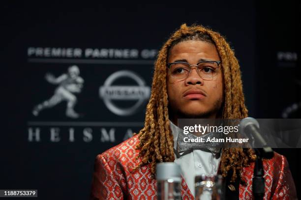 Finalist for the 85th annual Heisman Memorial Trophy defensive end Chase Young of the Ohio State Buckeyes speaks during a press conference on...