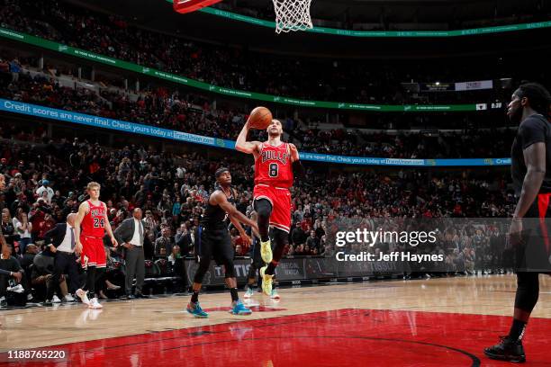 Zach LaVine of the Chicago Bulls shoots the game-winning shot against the LA Clippers on December 14, 2019 at United Center in Chicago, Illinois....