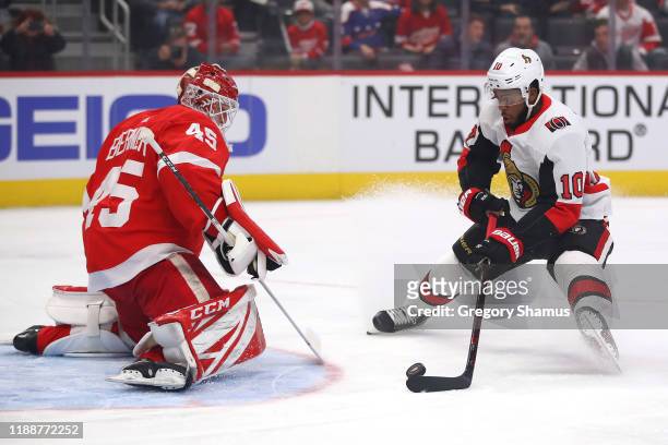 Anthony Duclair of the Ottawa Senators scores a first period goal past Jonathan Bernier of the Detroit Red Wings at Little Caesars Arena on November...